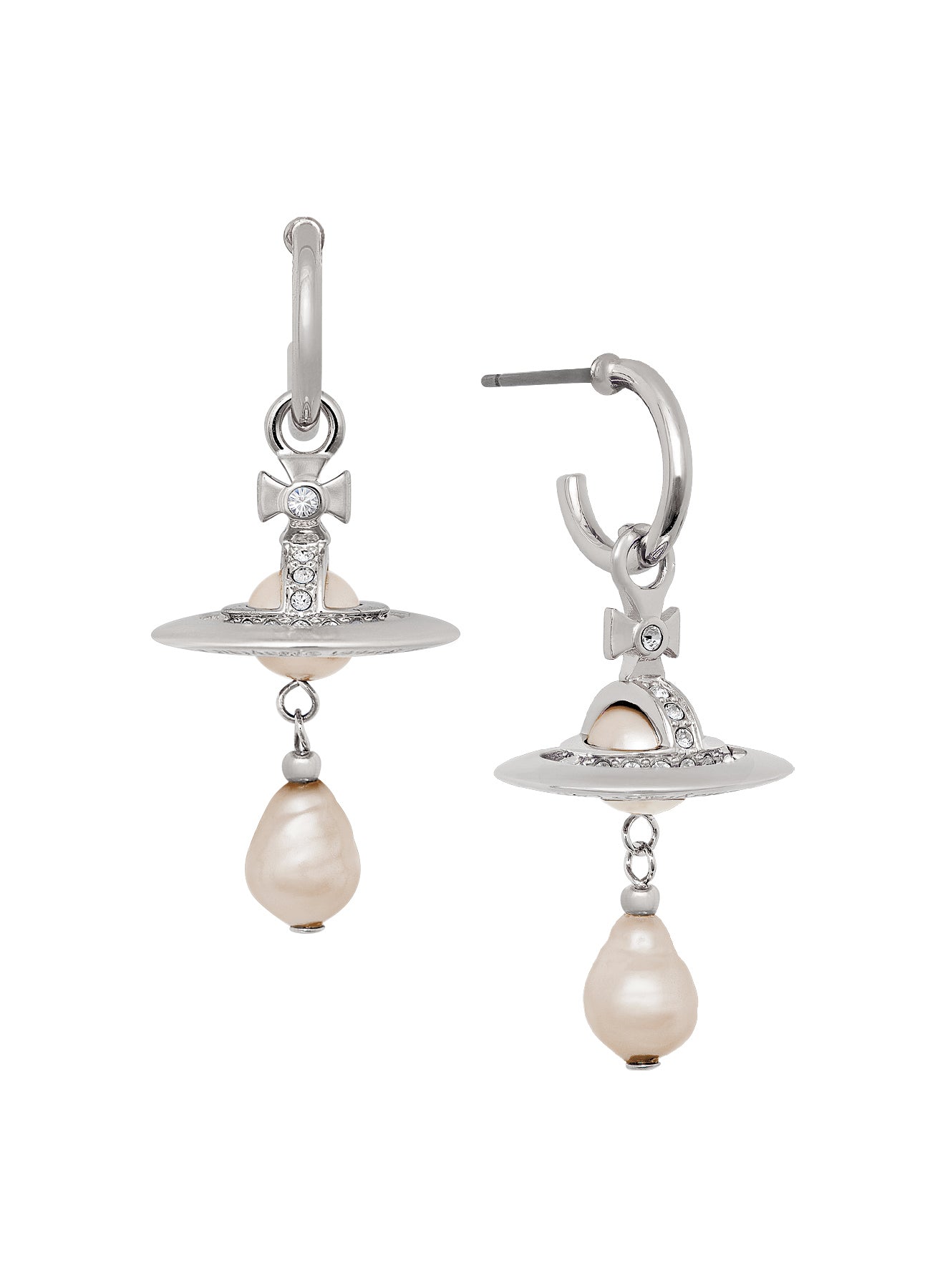 A pair of silver-tone drop earrings from Vivienne Westwood featuring a small bow and crystal-encrusted top, a flat circular disc, and a dangling baroque pearl, shown on a plain white background.