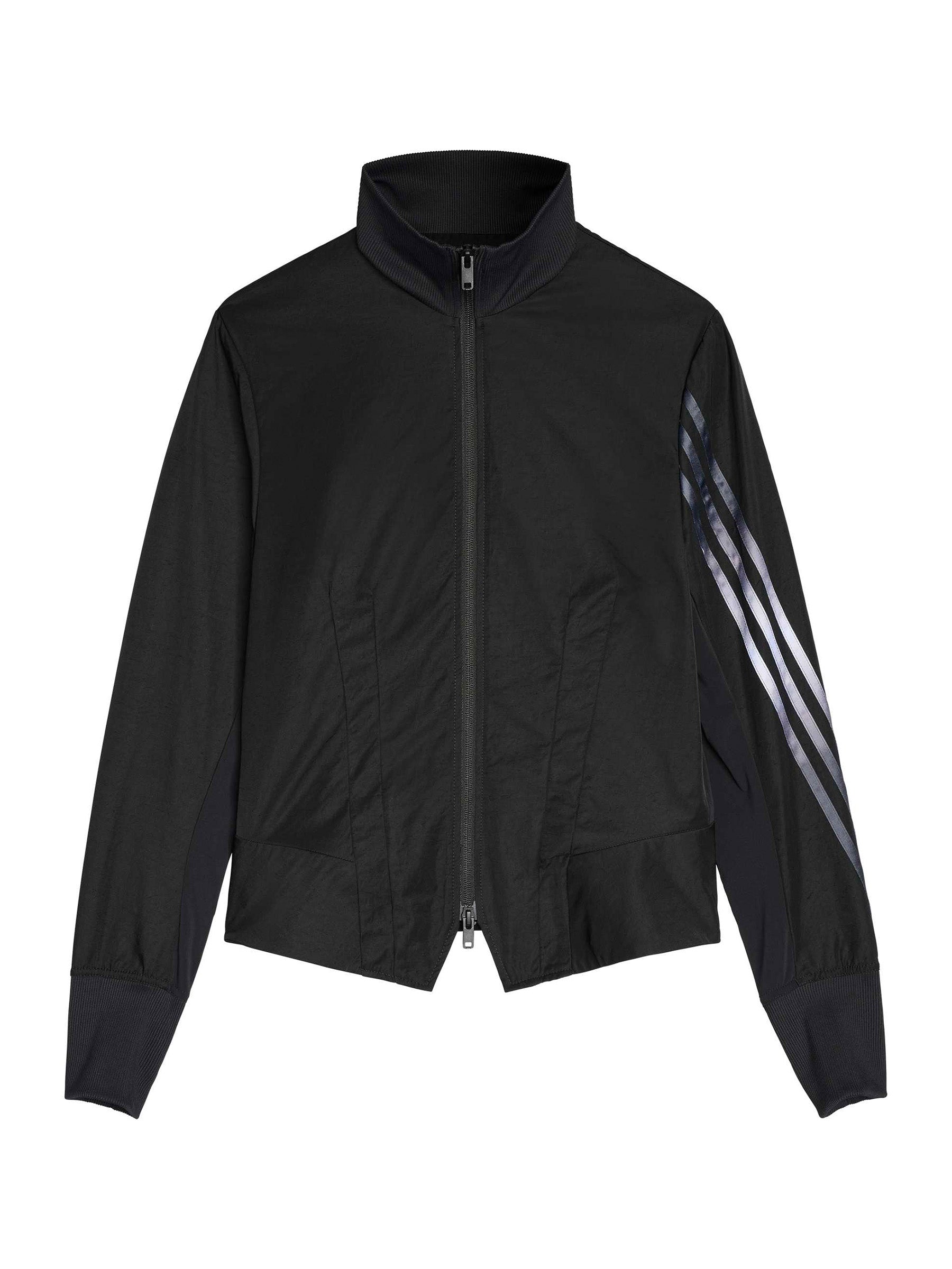 Y-3 AW26 3-Stripes Nylon Track Top in Black - flat lay showing fitted nylon track top with contrast 3-Stripes at sleeves and zip closure