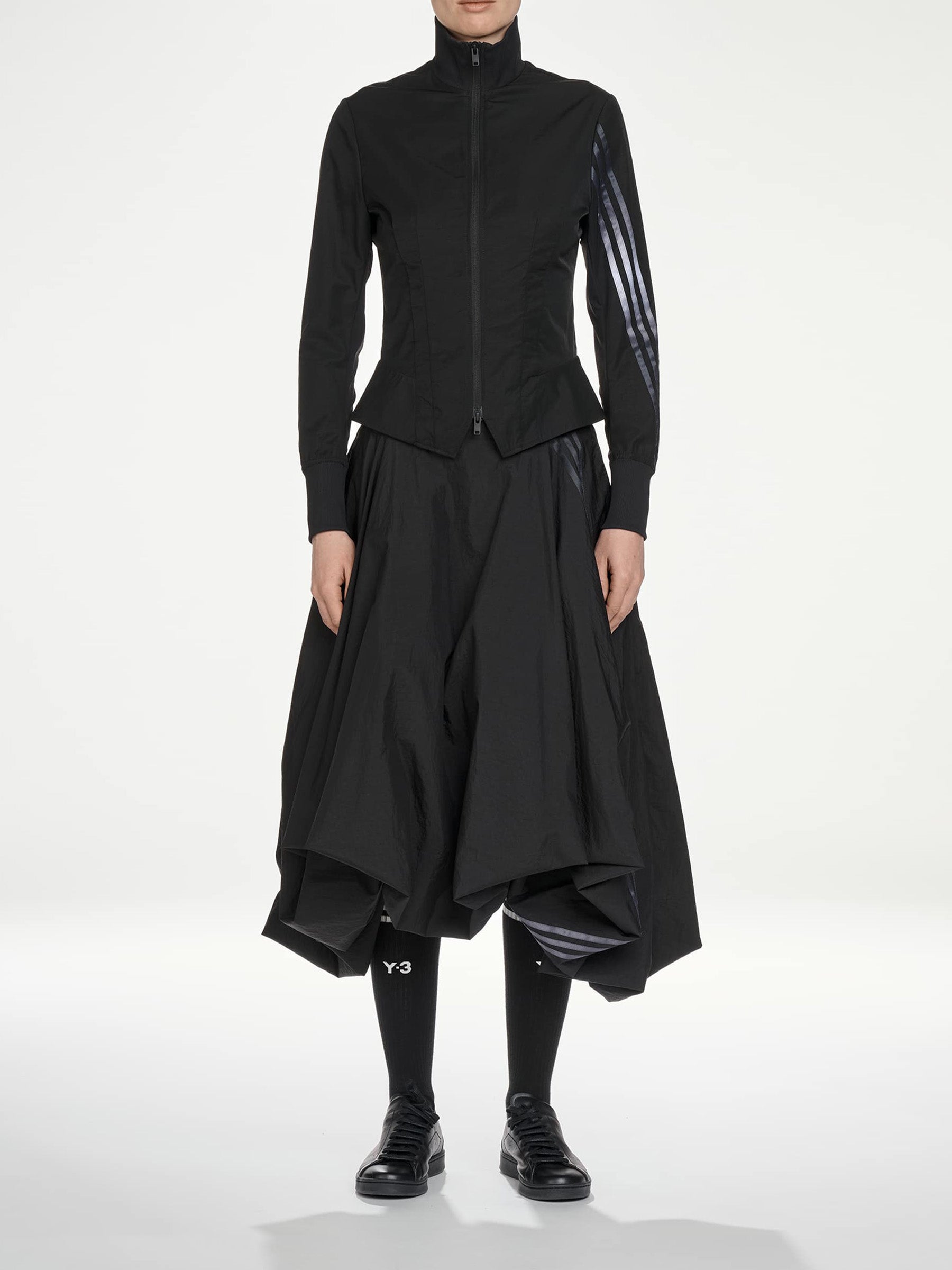 Y-3 AW26 3-Stripes Nylon Track Top in Black - full length front view on model showing fitted silhouette styled with voluminous skirt