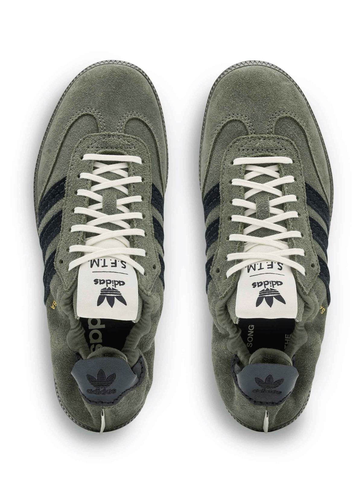 adidas x Song for the Mute ADI008 Samba OG SFTM sneakers, top view showing lace-up fastening and co-branded tongue labels.