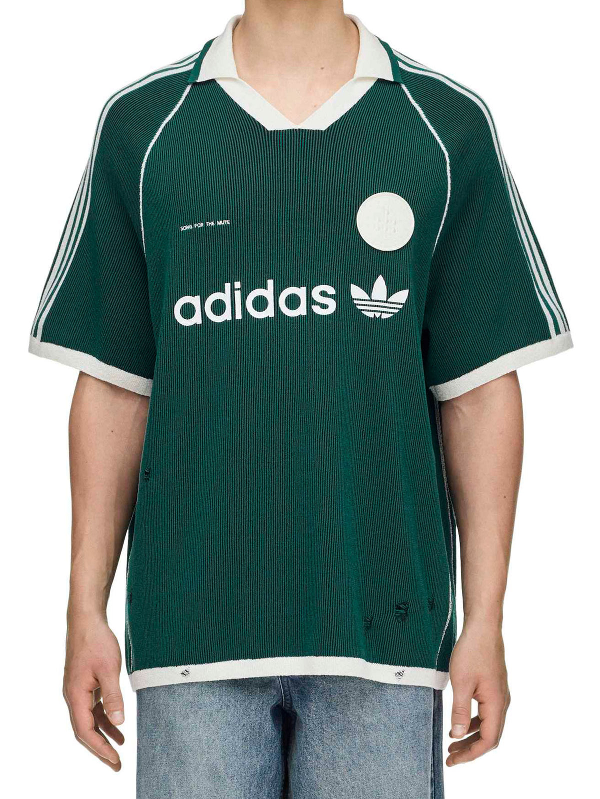 Model wearing Adidas x Song for the Mute ADI008 Sweater Polo in Collegiate Green/Black front view