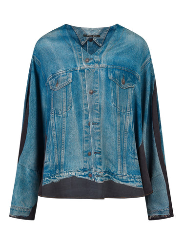 Front view of Cad Blouse in Light Blue with denim jacket print from Annette Görtz