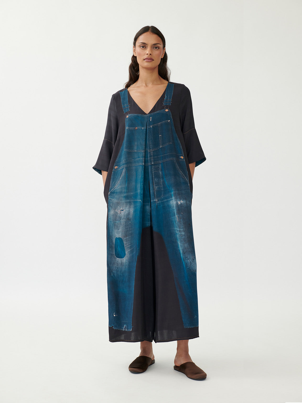Annette Görtz Caddy overall, back view showing contrast black panels and maxi length