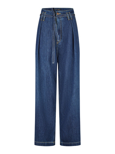 Front view of blue denim pants with waist tie from Annette Görtz on a white background