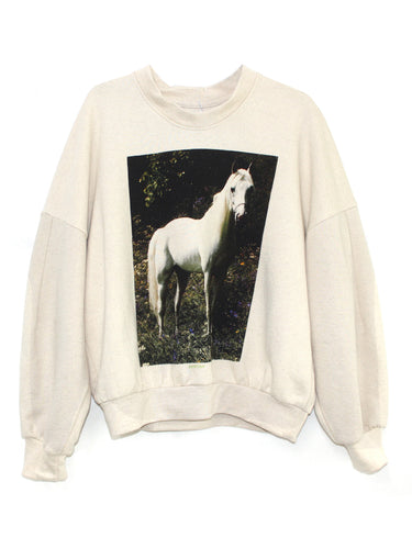 Anntian Unisex Sweater in Horse, an off-white sweater with a white horse print, round neck, and wide fit, shown flat from the front on a white background