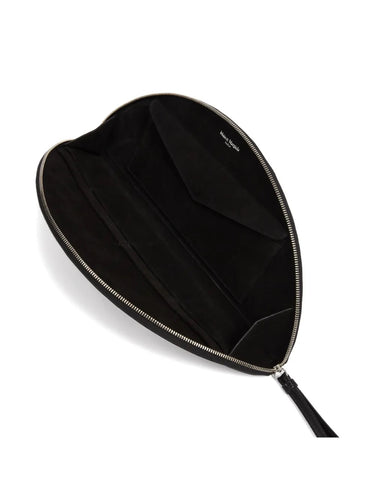Top-down packshot of the Maison Margiela Big Halfmoon Pouch in Black with the zip open, revealing the internal slip pocket and spacious interior.