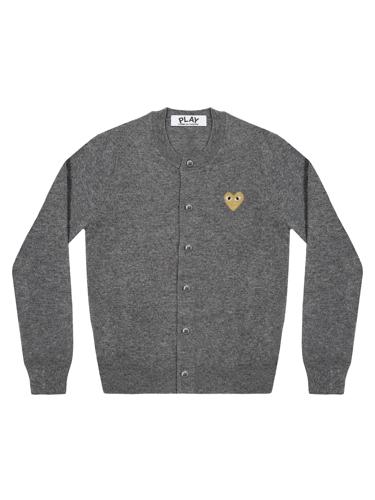 COMME des GARÇONS PLAY Unisex Round-Neck Knit Gold Heart cardigan in medium grey wool, front view with button fastening and gold heart emblem at the chest