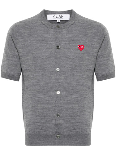 Grey short-sleeve cardigan with a red heart logo from Comme des Garcons Play on a white background