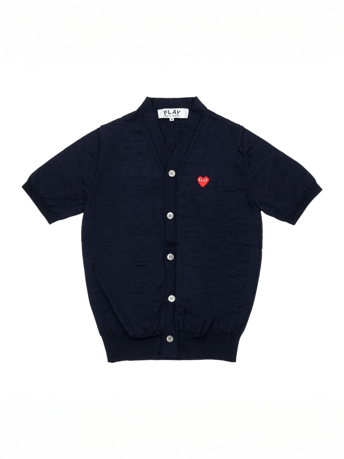 Comme des Garçons Play Unisex Short Sleeve Cardigan Red Heart in navy wool with front button closure and red embroidered heart logo