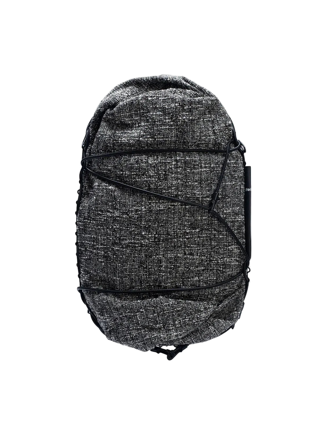 Côte & Ciel Ladon Tweed in Black & Cream backpack front view with textured fabric and black elastic cord detailing