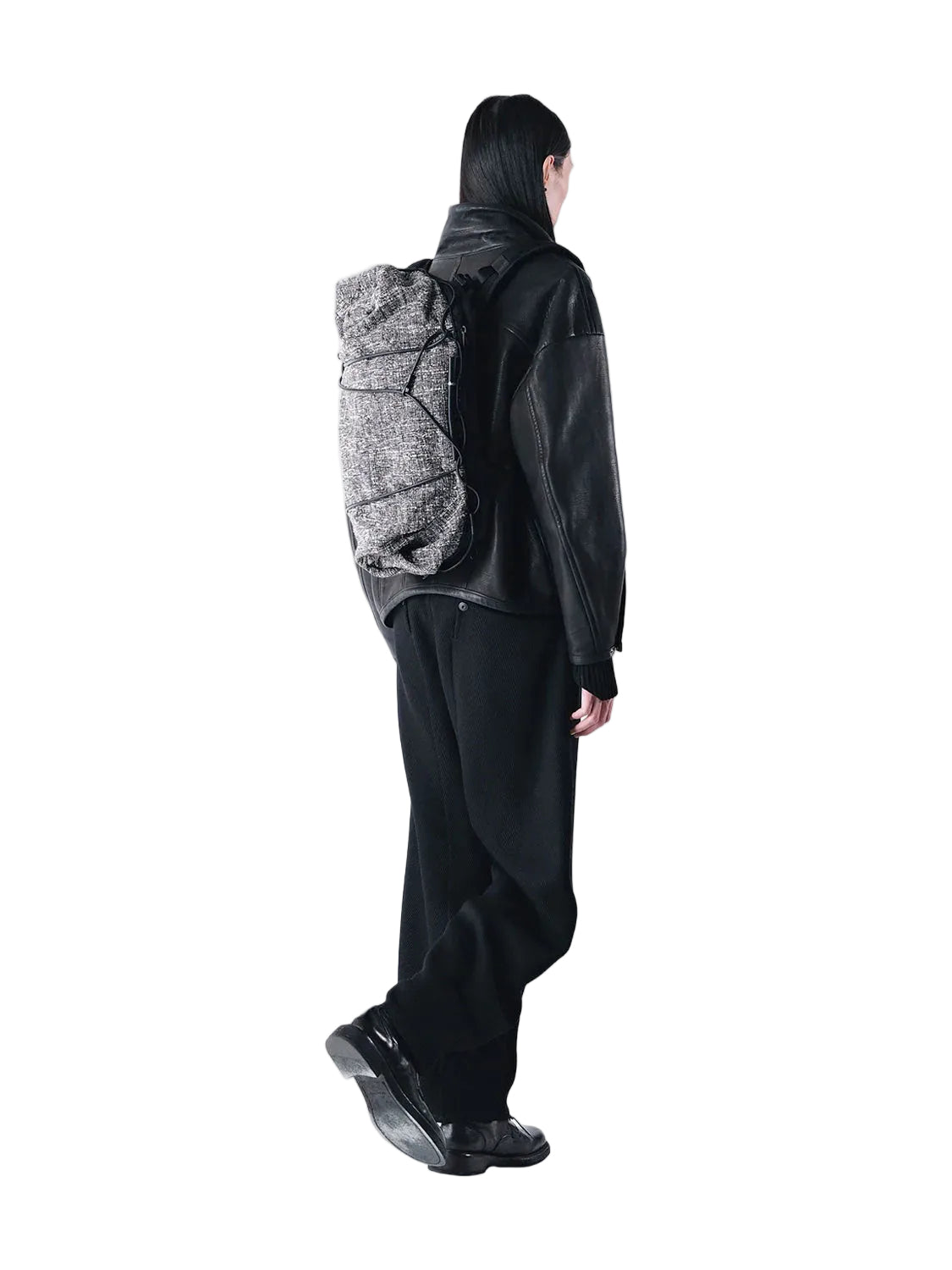 Côte & Ciel Ladon Tweed in Black & Cream backpack worn on the back