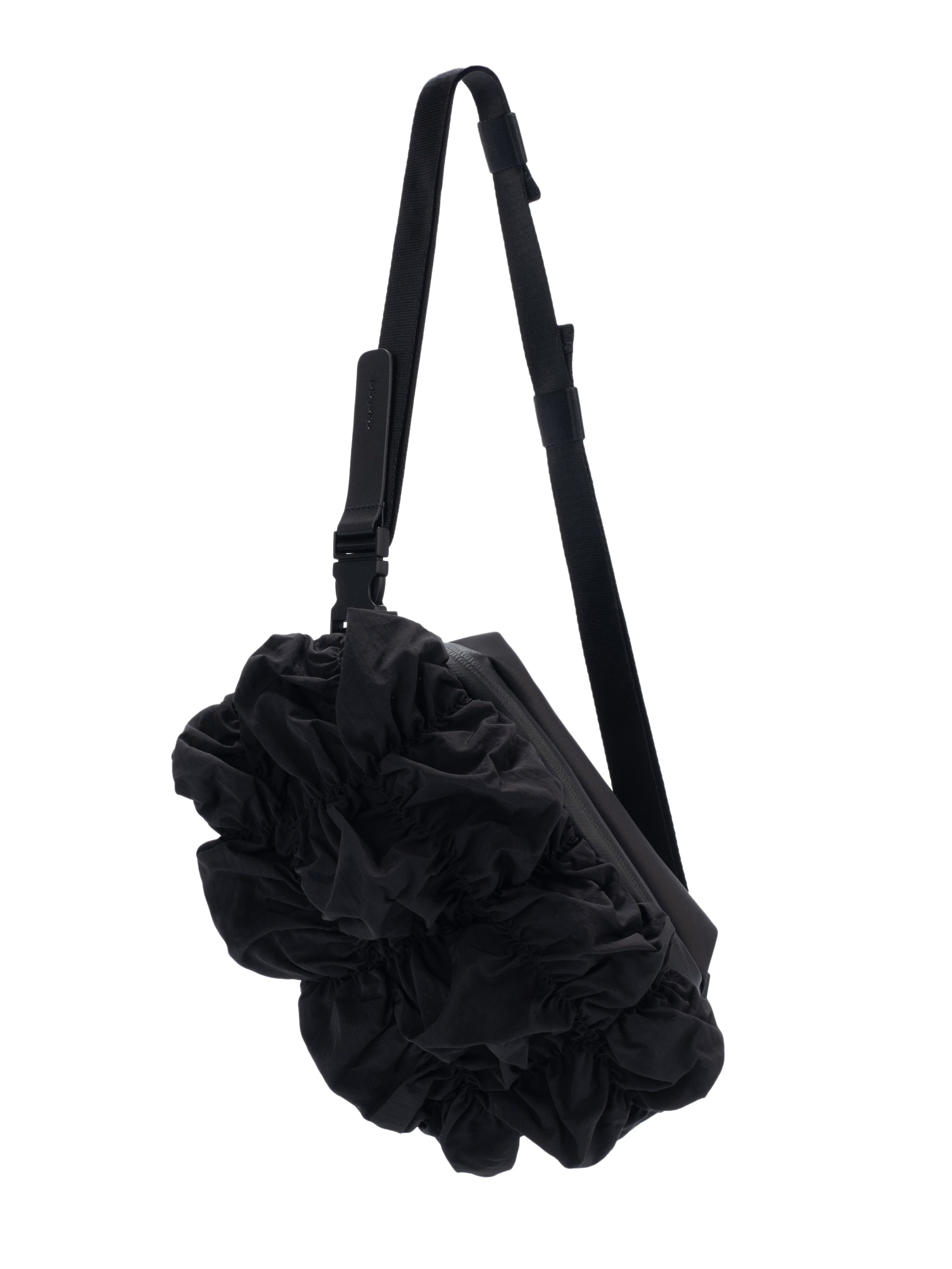 Côte&Ciel Neva Gathered crossbody and waist bag in black, front view, sculptural ruched nylon with compact storage design.