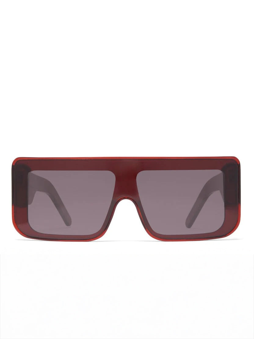 Rick Owens Documenta Sunglasses in Blood Temple/Black Lens with large red acetate rectangular frame, black single-cut lens and wide temples
