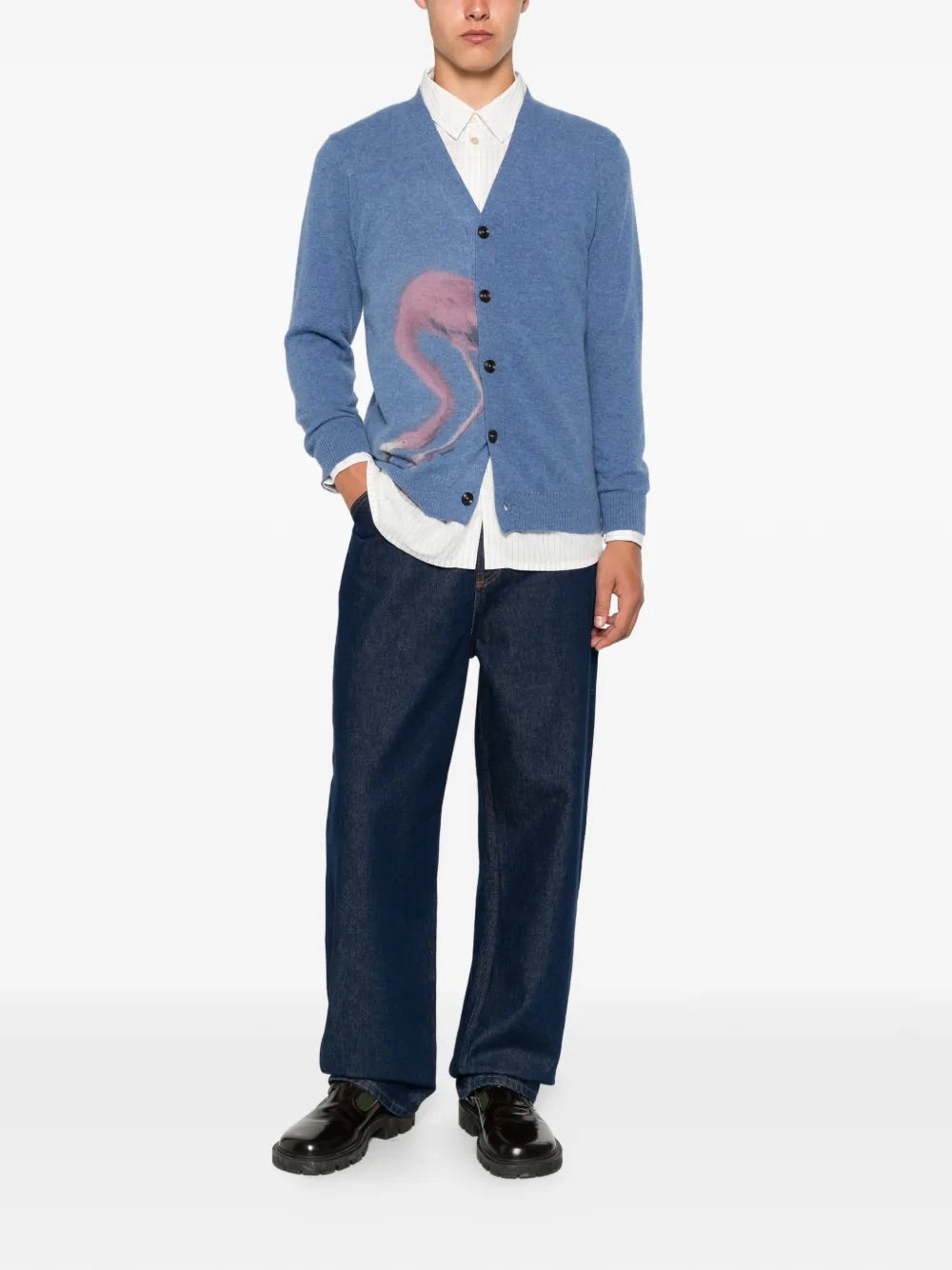 Ka Wa Key "Flamingo Hide-&-Seek" Wool Cardigan in Grandpa's Blue worn front view