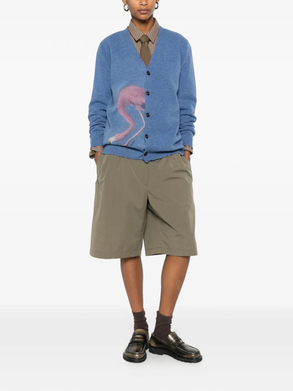 Ka Wa Key "Flamingo Hide-&-Seek" Wool Cardigan in Grandpa's Blue worn angled view