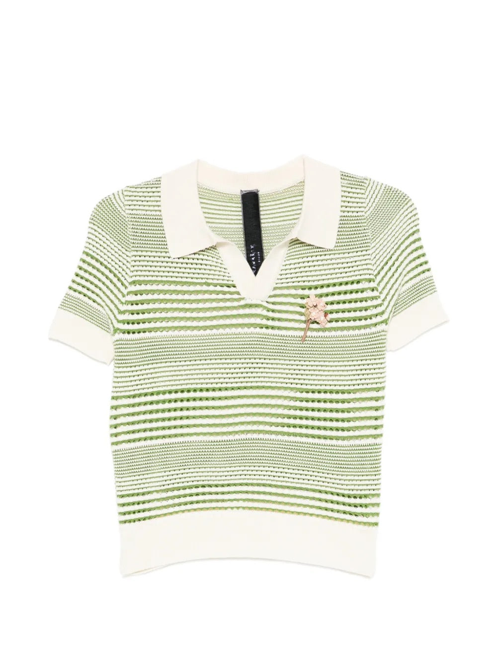 Ka Wa Key Grandma's Bloom Polo Shirt Tea Garden - front view showing striped knit, V-neck and collar