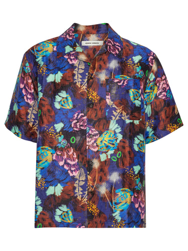 Front full-body packshot of the Artist Shirt in Space Chickens print from Henrik Vibskov Spring/Summer 2026 Studio Collection, featuring a colourful pattern, classic collar, short sleeves, front button closure, and straight hem.