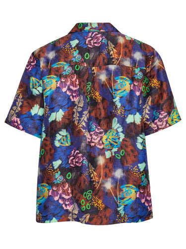 Back full-body packshot of the Artist Shirt in Space Chickens from Henrik Vibskov Spring/Summer 2026 Studio Collection, highlighting the colourful all-over print and straight hem.