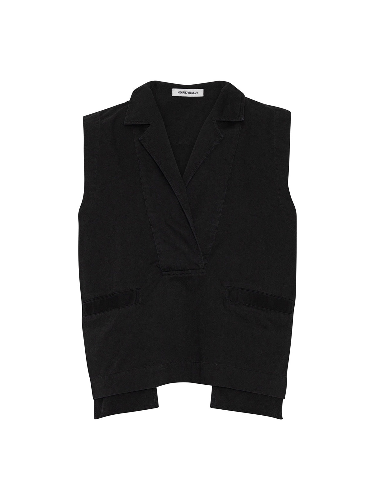 Henrik Vibskov Auto Vest Black, flat lay front, black organic cotton vest with lapel collar, velvet pocket trims, and asymmetric curved hem