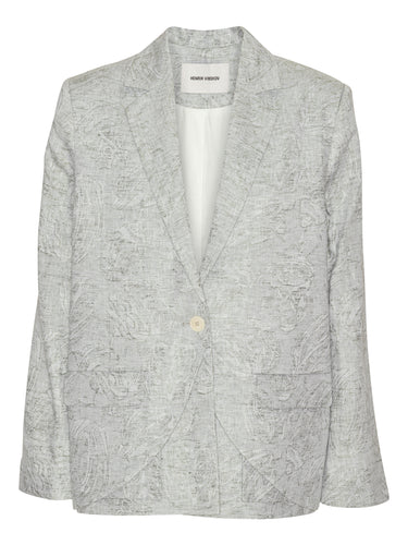 Front view of the grey Beetle Blazer with layered design, single-button closure, and two front pockets, showing the floral textured pattern.