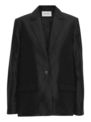Front view of the Beetle Blazer in black Tencel-linen blend with layered design, single-button front closure, and two front pockets.