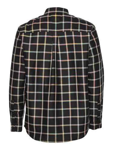 Back full-body packshot of the Block Shirt in Black Checks from Henrik Vibskov Spring/Summer 2026 Studio Collection, highlighting the multicoloured check pattern across the back and the curved hem.