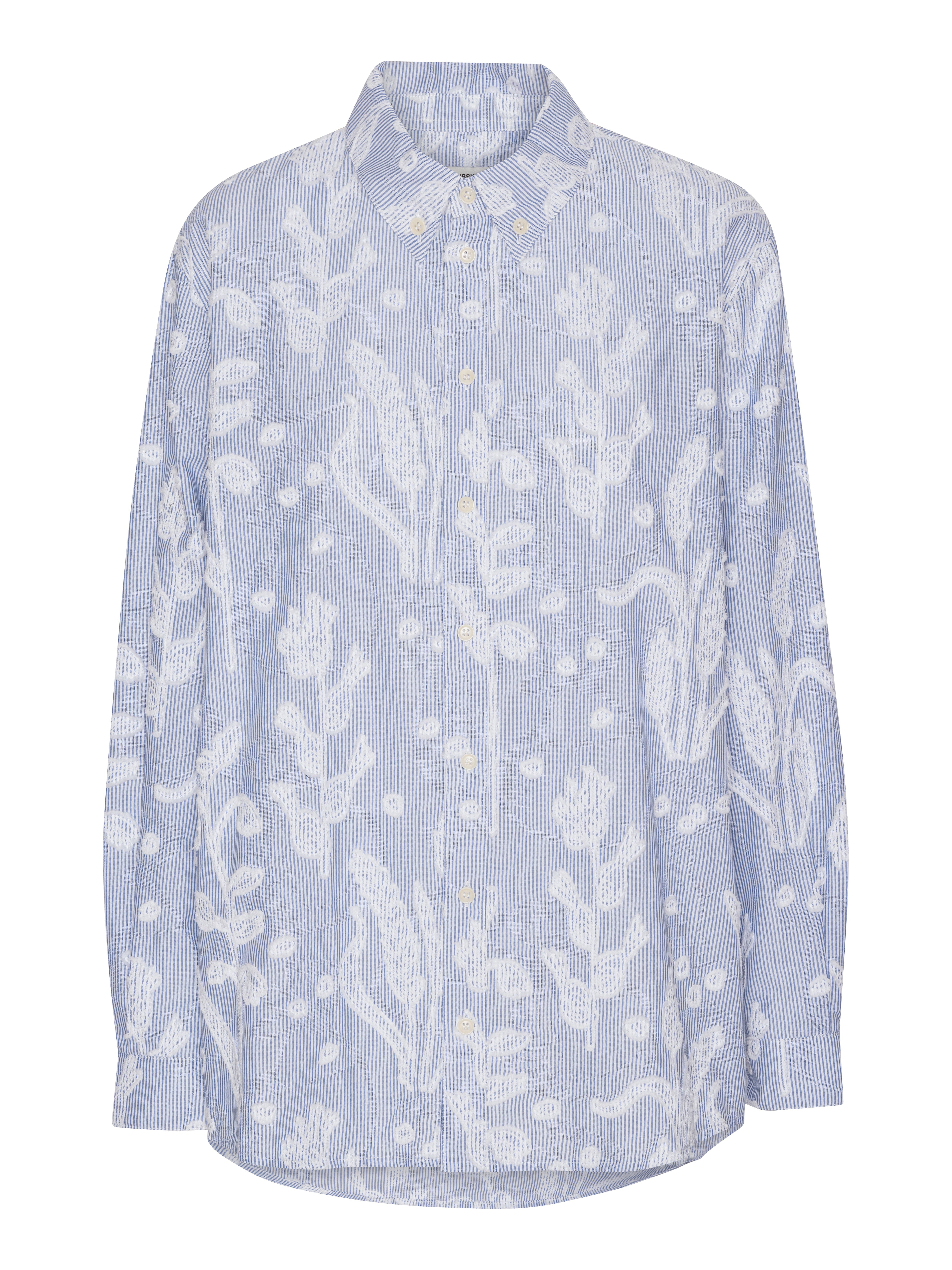 Block Shirt in Crops white and blue striped shirt with embroidered white flower details and classic collar, front view – Henrik Vibskov Spring/Summer 2026 Key Collection