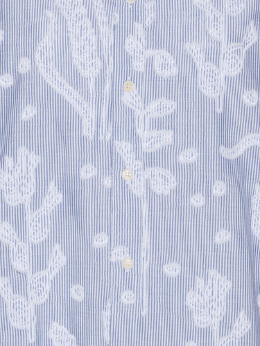 Close-up of embroidered white flower details and classic collar on the Block Shirt in Crops striped shirt – Henrik Vibskov Spring/Summer 2026 Key Collection