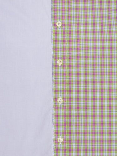 Close-up of the Block Shirt in lilac from Henrik Vibskov Spring/Summer 2026 Studio Collection, highlighting the half-lilac, half-checked fabric, button placket, and collar detailing.