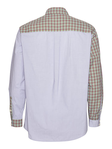 Back full-body packshot of the Block Shirt in lilac from Henrik Vibskov Spring/Summer 2026 Studio Collection, showing the contrasting block design and curved back hem.