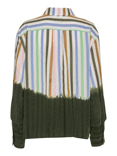 Blousse Shirt in DipDye Stripes by Henrik Vibskov, back view showing multicolour stripe print with forest green dip-dye hem detail, long sleeves and relaxed fit, Spring/Summer 2026 Key Collection