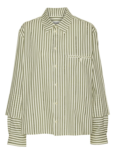 Front view of Henrik Vibskov Blousse Shirt in green and beige stripes with classic collar, front button closure, and long layered sleeves.