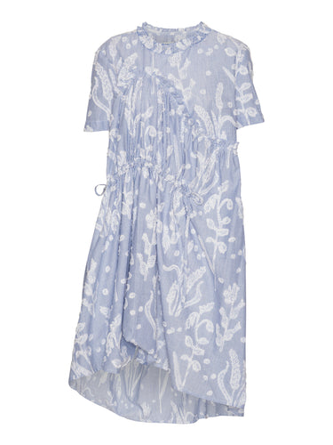 Front view of Henrik Vibskov Bon Chalant Dress in light blue textured fabric with white floral design and elastic ruched construction.