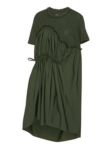 Front view of the Bon Chalant Dress in dark green with elastic ruched texture, round neck, and short sleeves.