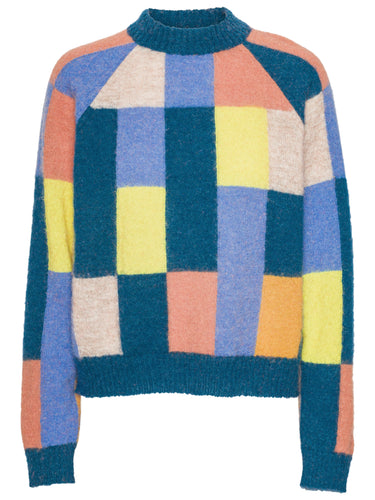 Colorful checkered sweater with a blue hems on a white background