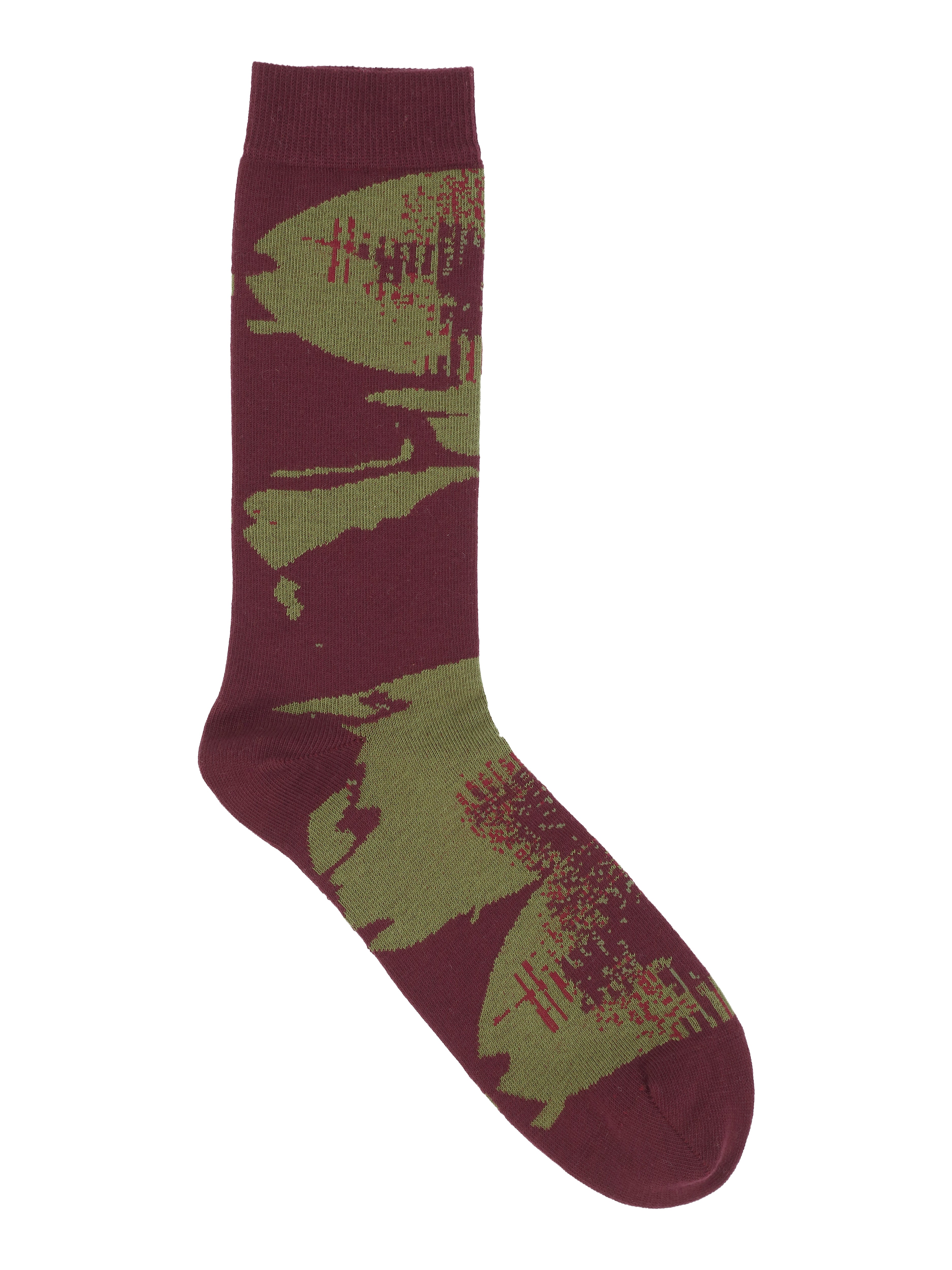 Packshot of the Bubble Wrap Socks in Wine Bubble from Henrik Vibskov Spring/Summer 2026 Studio Collection, showing the bordeaux socks with green bubble-inspired details.