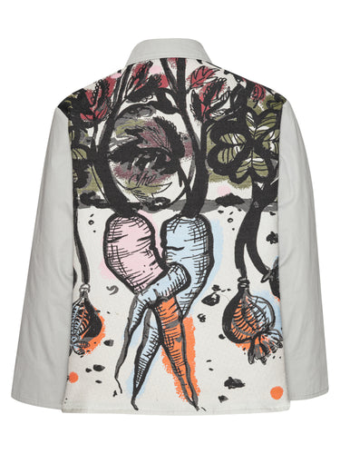 Back full-body packshot of the Care Jacket in Carrots from Henrik Vibskov Spring/Summer 2026 Studio Collection, showing the full carrot-patterned design, multicoloured hues, and straight hem.