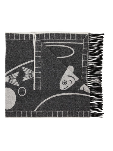 Black and white patterned scarf with fringe on a white background