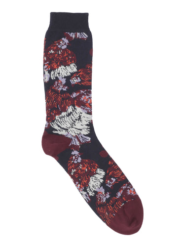 Packshot of the Chicken Socks in Navy Chickens from Henrik Vibskov Spring/Summer 2026 Studio Collection, showing the navy blue socks with bordeaux, purple, and beige chicken-pattern details.