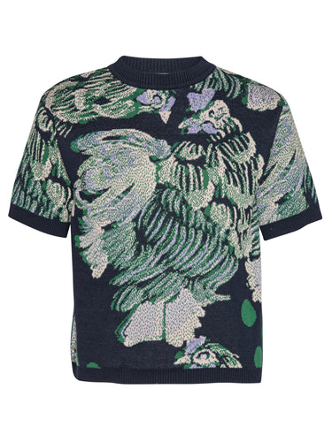 Front full-body packshot of the Chicken T Knit in Chicken Navy from Henrik Vibskov Spring/Summer 2026 Studio Collection, showing the navy knitted T-shirt with chicken motif, crew neck, short sleeves, and straight hem.