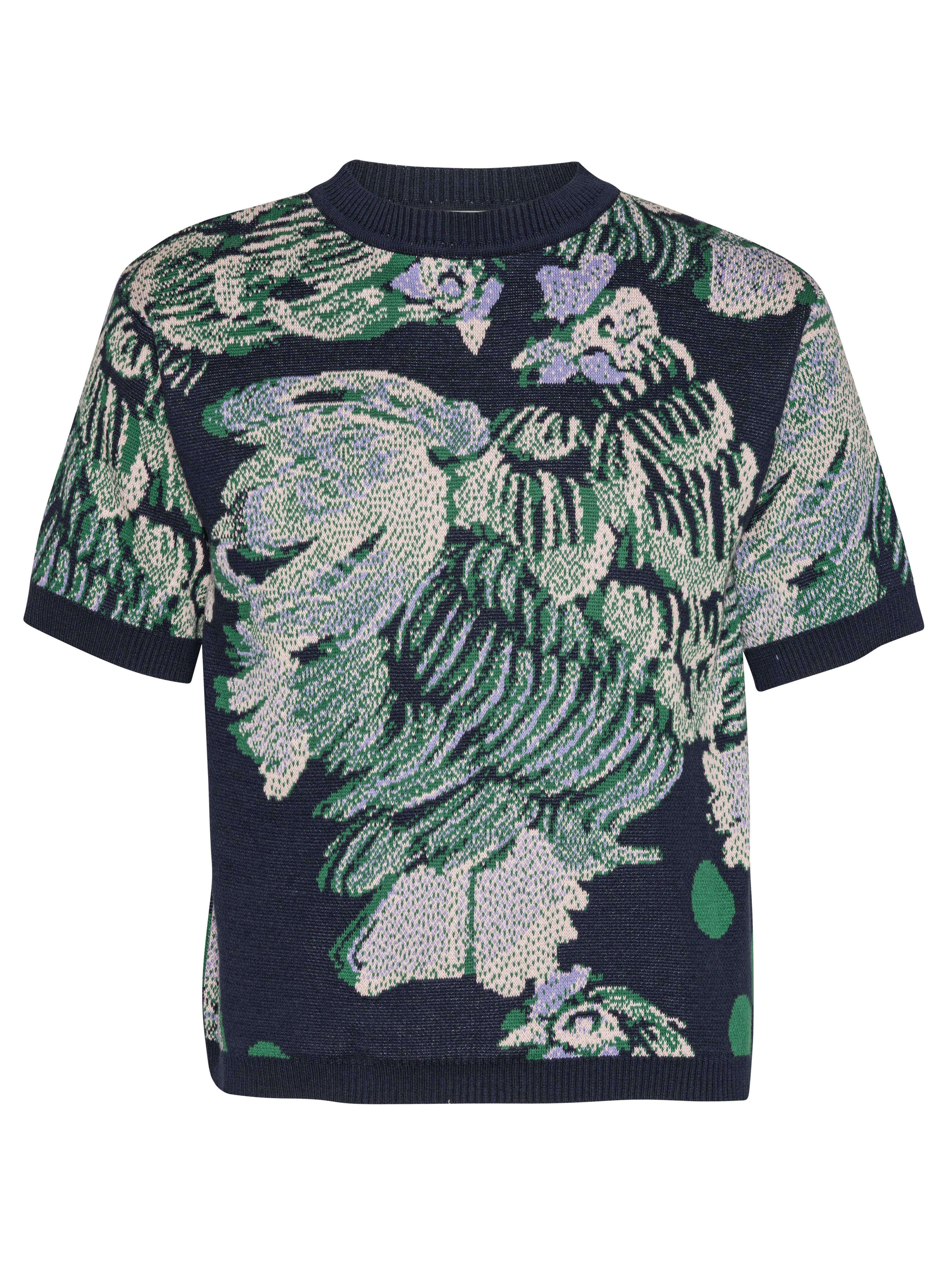 Front full-body packshot of the Chicken T Knit in Chicken Navy from Henrik Vibskov Spring/Summer 2026 Studio Collection, showing the navy knitted T-shirt with chicken motif, crew neck, short sleeves, and straight hem.