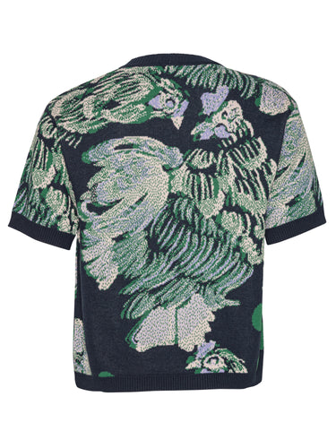 Back full-body packshot of the Chicken T Knit in Chicken Navy from Henrik Vibskov Spring/Summer 2026 Studio Collection, showing the clean navy knit, short sleeves, and straight hem.