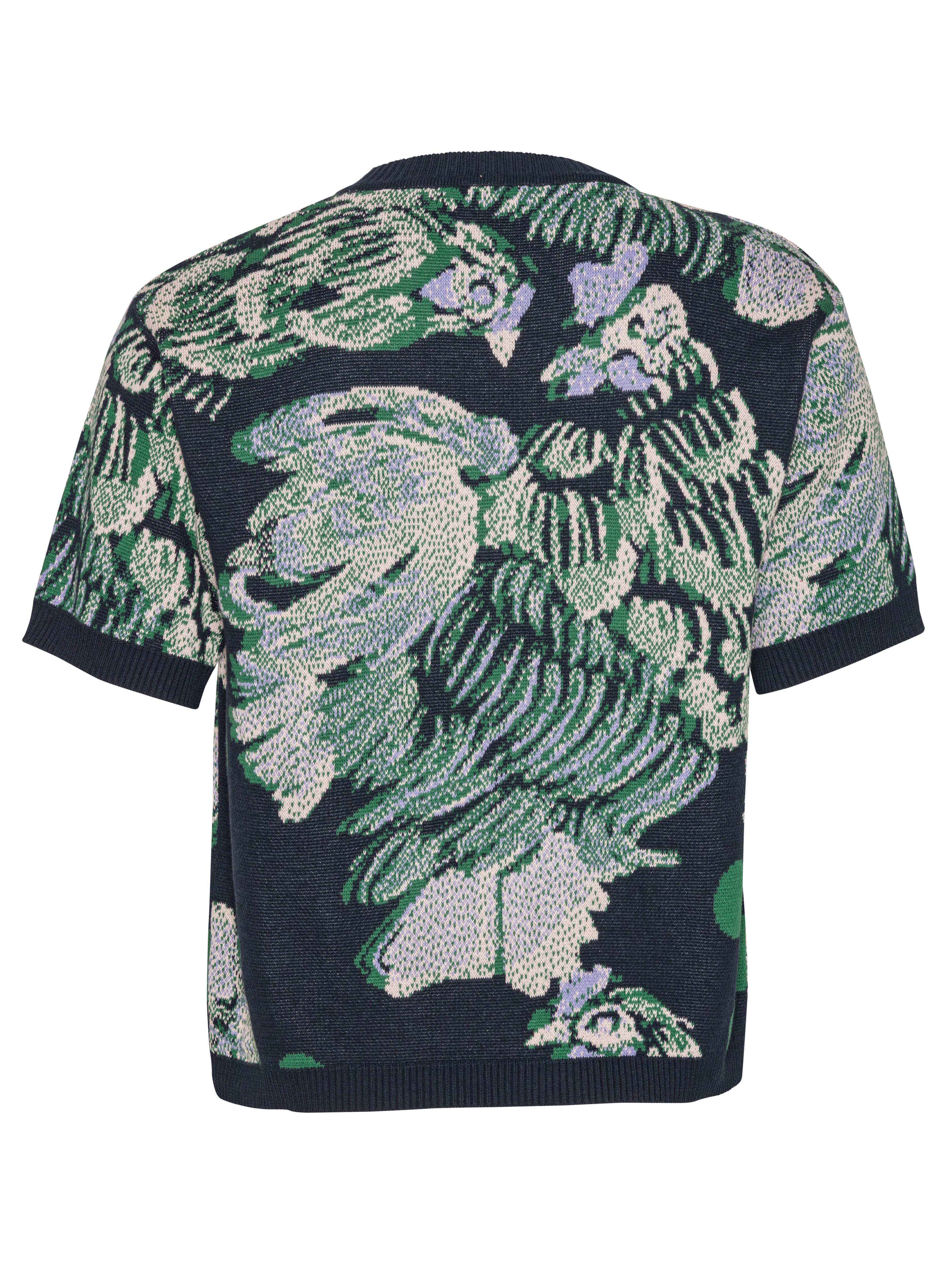 Back full-body packshot of the Chicken T Knit in Chicken Navy from Henrik Vibskov Spring/Summer 2026 Studio Collection, showing the clean navy knit, short sleeves, and straight hem.
