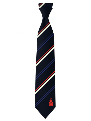 Navy tie with red, white, and blue stripes on a white background