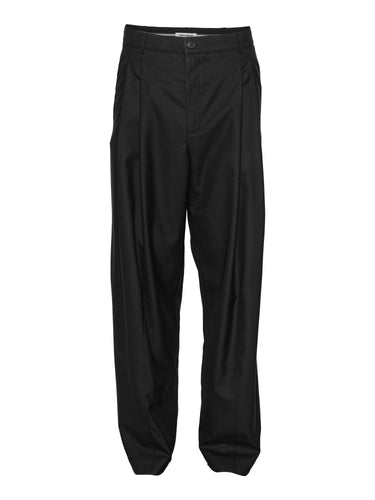 Front full-body packshot of the Claus Pants in Tropical Black from Henrik Vibskov Spring/Summer 2026 Studio Collection, showing the black unisex trousers with front button closure, straight fit, and belt loops.