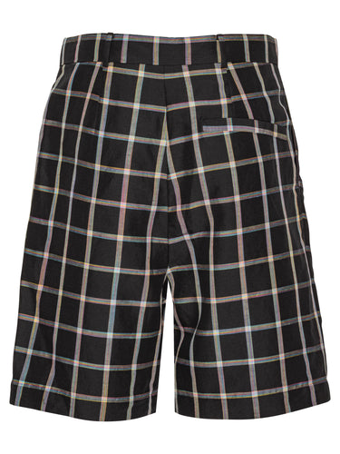 Back full-body packshot of the Claus Shorts in Black Checks from Henrik Vibskov Spring/Summer 2026 Studio Collection, displaying the clean back view, belt loops, and straight unisex silhouette.
