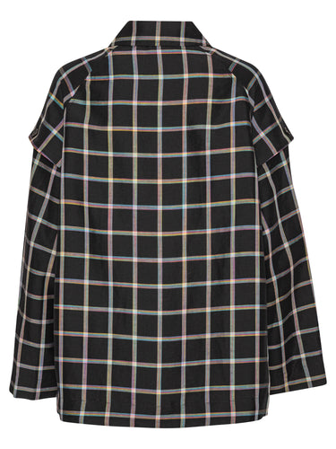 Back full-body packshot of the Cover Coat in Black Checks from Henrik Vibskov Spring/Summer 2026 Studio Collection, displaying the straight hem, square fit, and back view of the check-patterned fabric.
