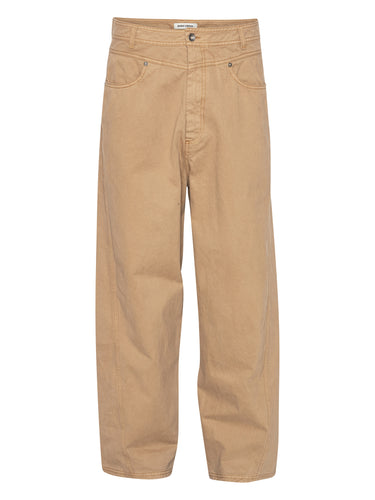 Front view of the Henrik Vibskov Curved Denim Pants in dark beige Cardboard Beige denim, featuring belt loops, side pockets, and straight legs.