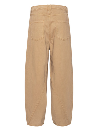 Back view of the Curved Denim Pants, highlighting the back pockets, seam details, and straight-leg silhouette in dark beige denim.