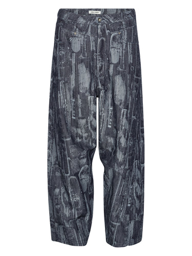 Front view of the Henrik Vibskov Curved Denim Pants in grey-blue Instrumentcase Denim, featuring an abstract instrument pattern, belt loops, side pockets, and straight legs.